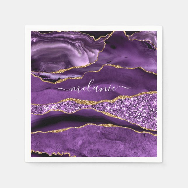 Purple Gold Glitter Napkins with Custom Name (Front)