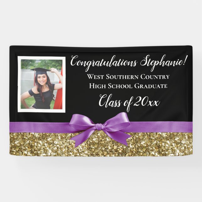 Purple Gold Glitter Photo Graduation Banner Sign (Horizontal)