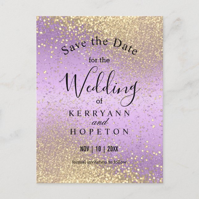 Purple & Gold Glitter- Save The Date Announcement  (Front)