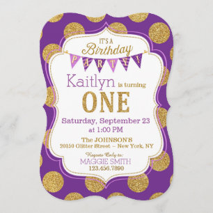 Purple Gold Glitter Sparkle First Birthday Invite