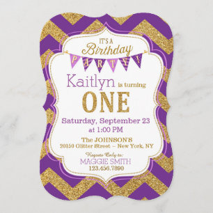 Purple Gold Glitter Sparkle First Birthday Invite