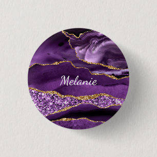 Purple Gold Glitter Sparkly Button and Custom Name