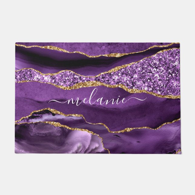 Purple Gold Glitter Sparkly Custom Name Doormat (Front)