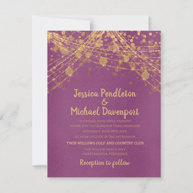 Purple Gold Glitter String Lights Wedding Invitation (Front)