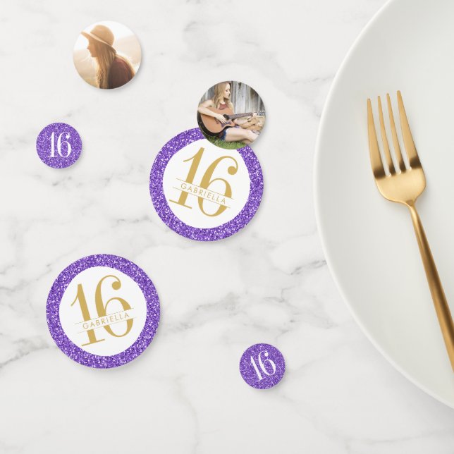 Purple Gold Glitter Sweet 16 Name and Photo Confetti (Group)