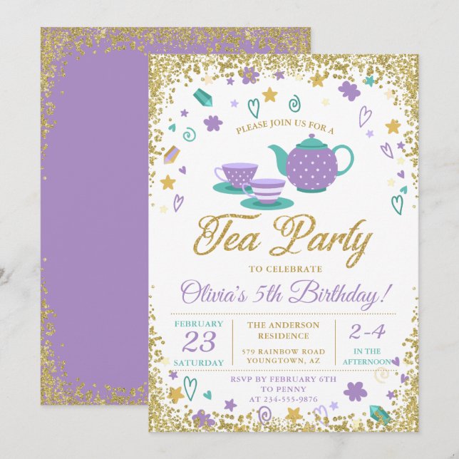 Purple Gold Glitter Tea Party Girls Birthday Invitation (Front/Back)