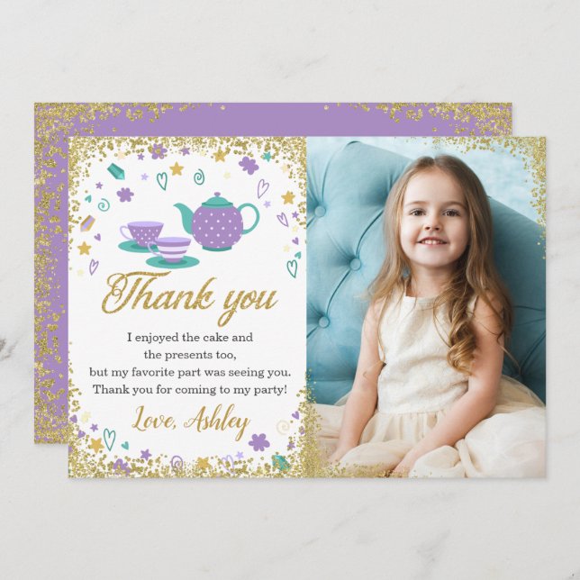 Purple Gold Glitter Tea Party Girls Birthday Photo Thank You Card (Front/Back)
