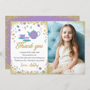 Purple Gold Glitter Tea Party Girls Birthday Photo Thank You Card