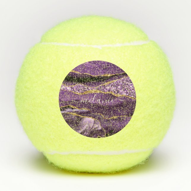 Purple Gold Glitter Tennis Balls with Custom Name (Front)