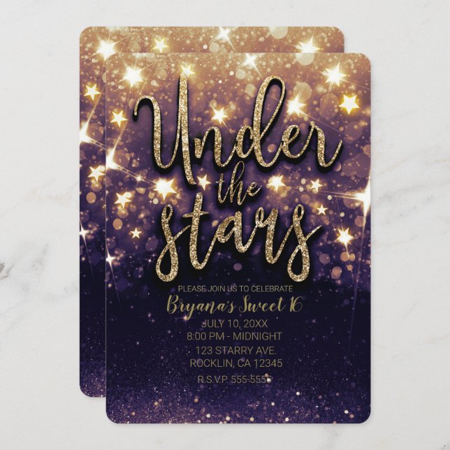 Purple Gold Glitter Under the Stars Party Invitation (Front/Back)