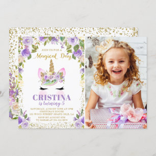 Purple Gold Glitter Unicorn Floral Photo Birthday Invitation