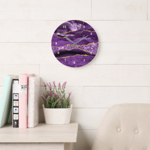 Purple Gold Glitter Wall Clock Personalised Name