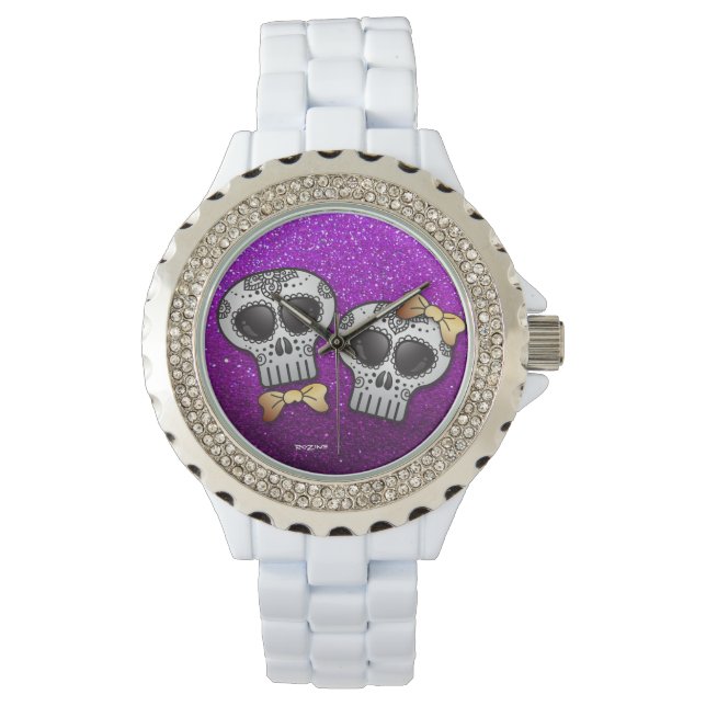 Purple Gold Glitter Wedding Valentine Sugar Skull Watch (Front)