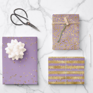 Purple Gold Glitz Sparkle Stripes Leopard Wrapping Paper Sheet