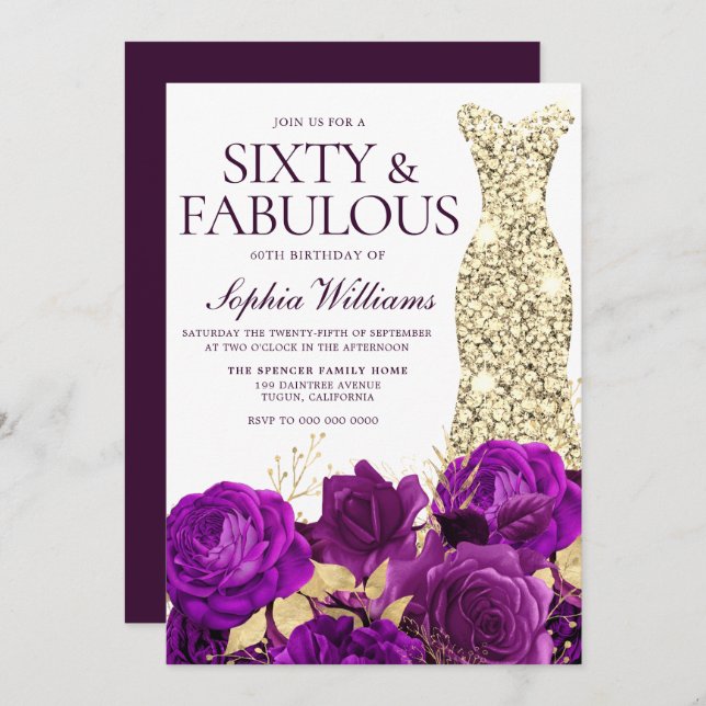 Purple & Gold Gown 60th Birthday Party Invitation (Front/Back)