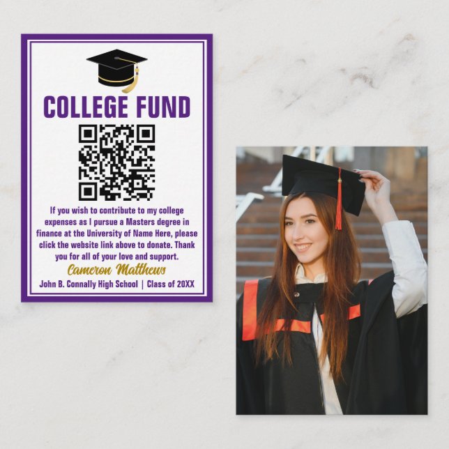 Purple Gold Graduate Photo College Fund QR Code Enclosure Card (Front/Back)