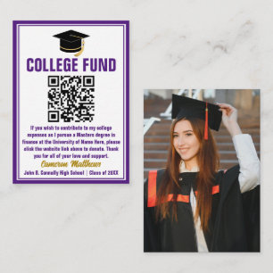 Purple Gold Graduate Photo College Fund QR Code Enclosure Card