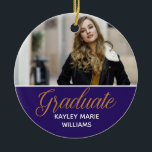 Purple Gold Graduate Photo Graduation Christmas Ceramic Ornament<br><div class="desc">A classy custom photograph graduation Christmas ornament in pretty purple for a high school,  college,  or university from the class of 2026. Customise with your name in white under the lovely gold calligraphy for a great personalised graduate photo gift with your senior portrait.</div>