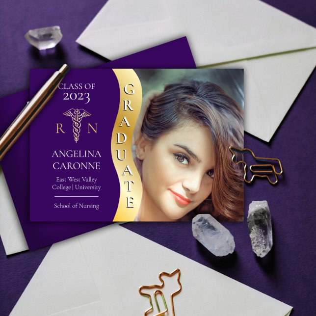 Purple Gold Graduate Wave Caduceus RN Nursing Grad Announcement (Creator Uploaded)