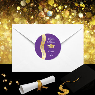 Purple   Gold Graduate Wave Grad Cap Classic Round Sticker