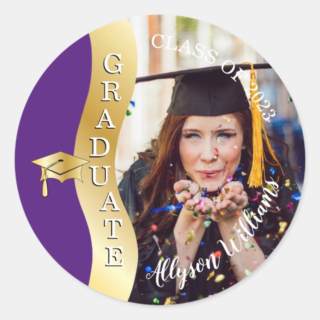Purple | Gold Graduate Wave Grad Cap Photo Classic Round Sticker (Front)