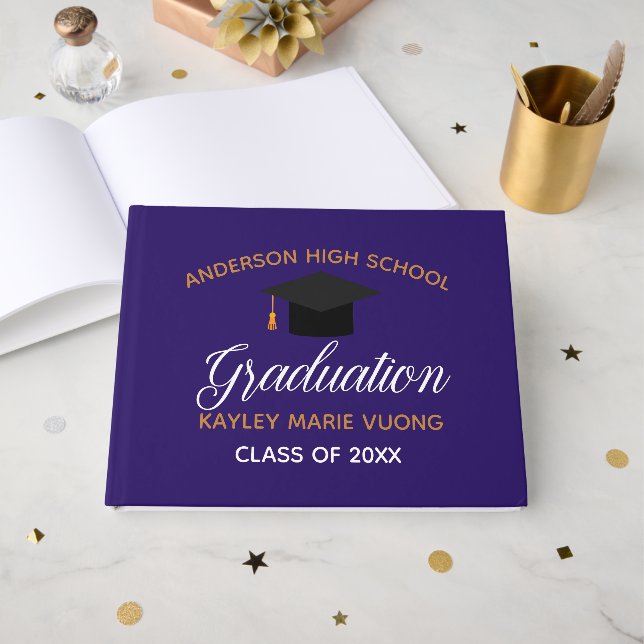 Purple Gold Graduation Autograph Keepsake 2024 Guest Book (Front Open)