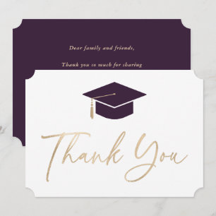 Purple Gold Graduation Hat Elegant Script Modern Thank You Card