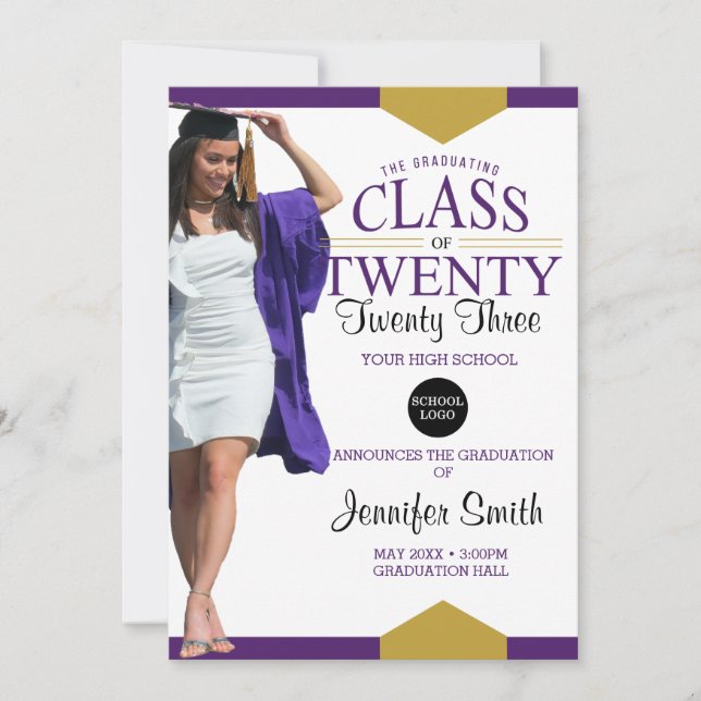 Purple Gold Graduation Photo Invitation (Front)