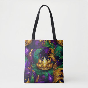 PURPLE GOLD GREEN MARDI GRAS CROWN & FEATHERS TOTE BAG