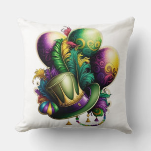 PURPLE GOLD GREEN MARDI GRAS HAT BALLOONS CUSHION