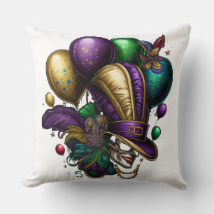 PURPLE GOLD GREEN MARDI GRAS HAT MASK BALLOONS CUSHION