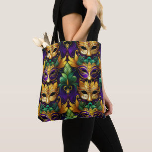 PURPLE GOLD GREEN MARDI GRAS MASKS TOTE BAG