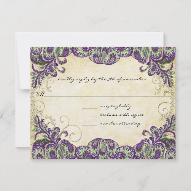 Purple Gold & Green Peacock Wedding RSVP Card (Front)