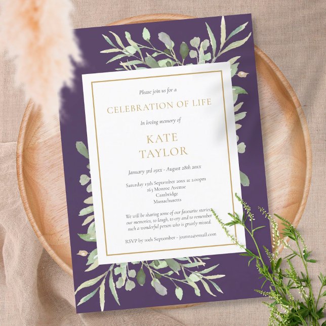 Purple Gold Greenery Funeral Celebration of Life Invitation (Creator Uploaded)