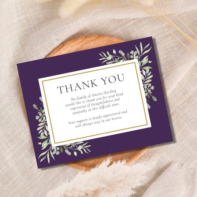 Purple Gold Greenery Funeral Memorial Thank You Card (Creator Uploaded)