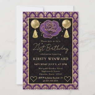 Purple & Gold Heart Damask & Rose 21st Birthday Invitation