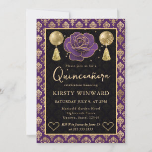 Purple & Gold Heart Damask & Rose Quinceanera Invitation