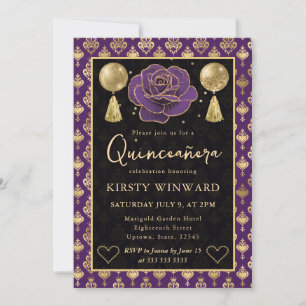 Purple & Gold Heart Damask & Rose Quinceanera Invitation