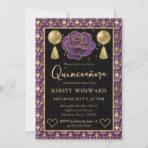 Purple & Gold Heart Damask & Rose Quinceanera Invitation