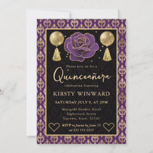 Purple & Gold Heart Damask & Rose Quinceanera Invitation