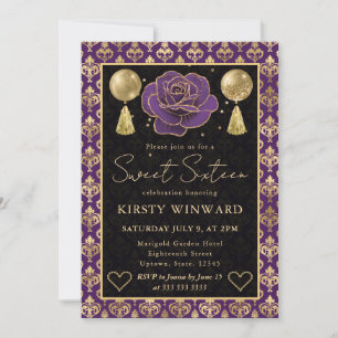 Purple & Gold Heart Damask & Rose Sweet 16 Invitation