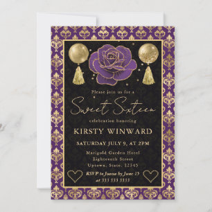 Purple & Gold Heart Damask & Rose Sweet 16 Invitation