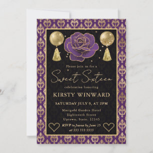 Purple & Gold Heart Damask & Rose Sweet 16 Invitation