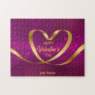 Purple Gold Heart Ribbon Happy Valentine's Day Jigsaw Puzzle
