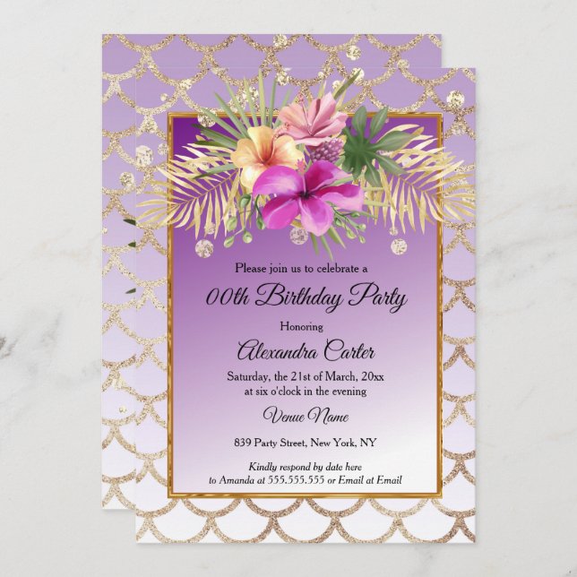 Purple Gold Hibiscus Floral Birthday Party Invitation (Front/Back)