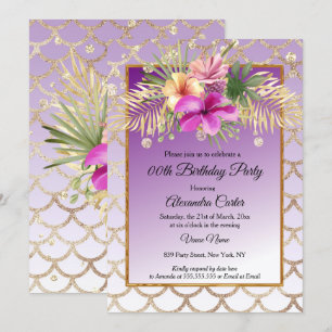 Purple Gold Hibiscus Floral Birthday Party Invitation