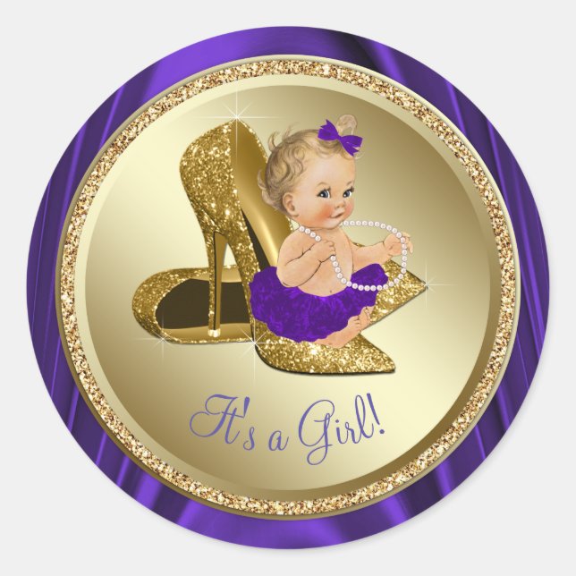 Purple Gold High Heel Shoe Girl Baby Shower Classic Round Sticker (Front)