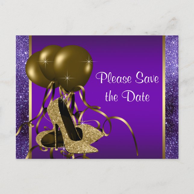 Purple Gold High Heel Shoe Save The Date Announcement Postcard (Front)