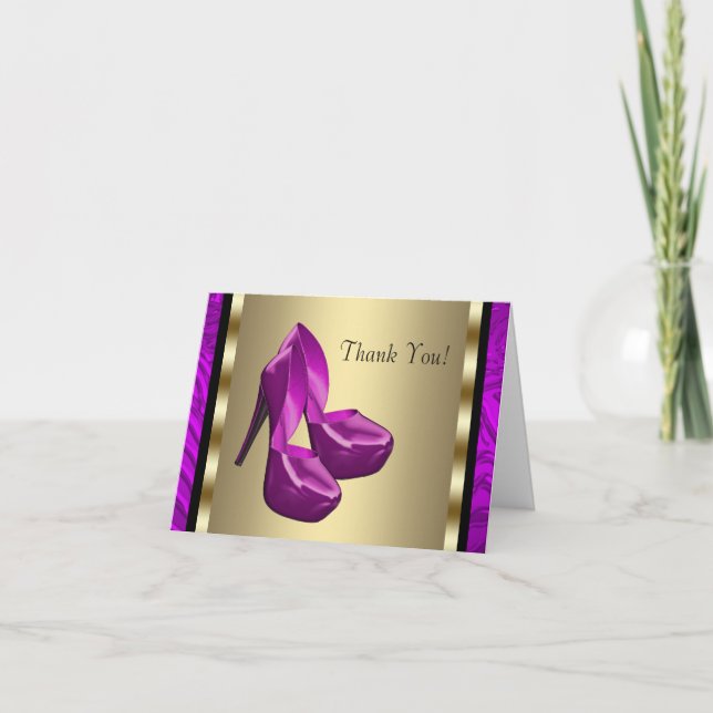 Purple Gold High Heel Shoes Zebra Thank You Cards (Front)