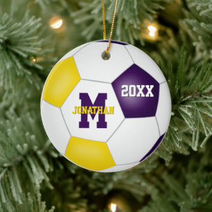 purple gold his her school team colours soccer ceramic ornament